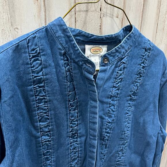 Vintage Talbots Denim Ruffle Western Cowgirl Button Up Shirt Rodeo Medium Cotton - Picture 2 of 7